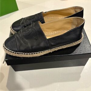 CHANEL Black Leather Espadrille Slip-Ons with CC Motif